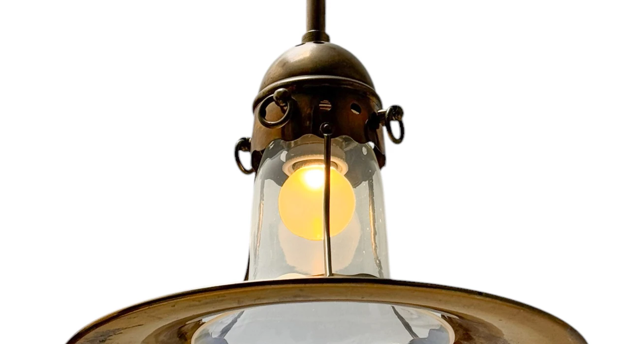 Arts & Crafts Brass Pendant with Glass Shade, 1900s